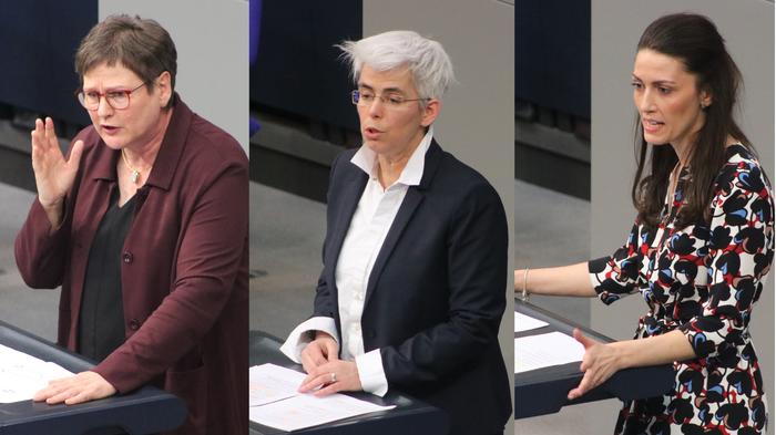 Die Bundestagsabgeordneten Breymaier (SPD), Schauws (Gr&uuml;ne) und Bauer (FDP) bei der Debatte im Bundestag. Bild: zwd