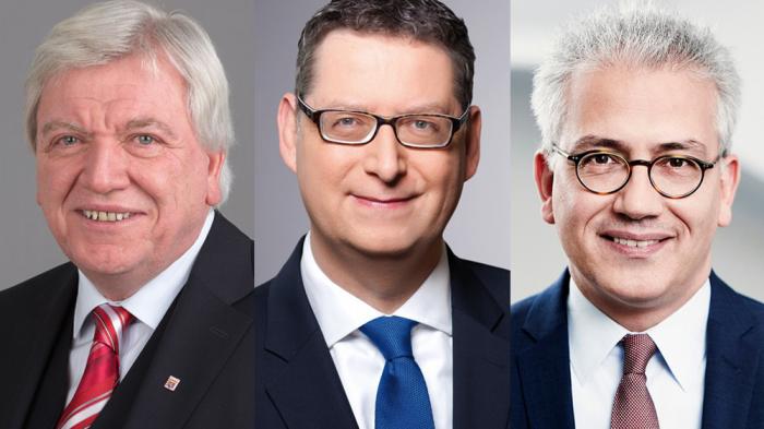Auf der Zielgeraden: Die Spitzenkandidaten Volker Bouffier (CDU), Thorsten Sch&auml;fer-G&uuml;mbel (SPD) und Tarek Al-Wazir (Gr&uuml;ne). - Bild: wikimedia.org; spd.de; wirtschaft.hessen.de