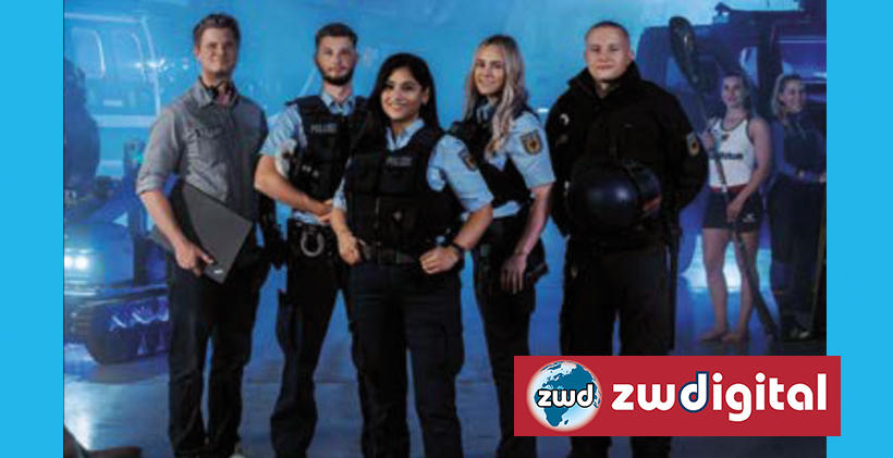 Drei Männer, zwei Frauen auf demn Werbecover der Bundespolizei (Bildausschnitt aus dem Flyer der Bundespolizei)