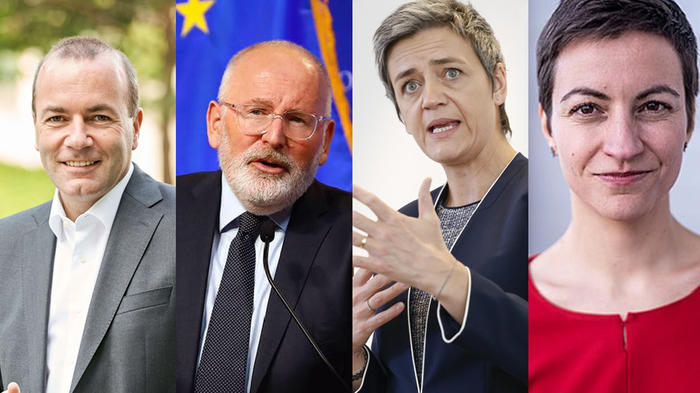 Manfred Weber, Frans Timmermans, Margarethe Vestager und Ska Keller (v.l.n.r.). - Bilder: manfredweber.eu; Facebook; flickr / Friends of Europe; skakeller.de (Montage: zwd)